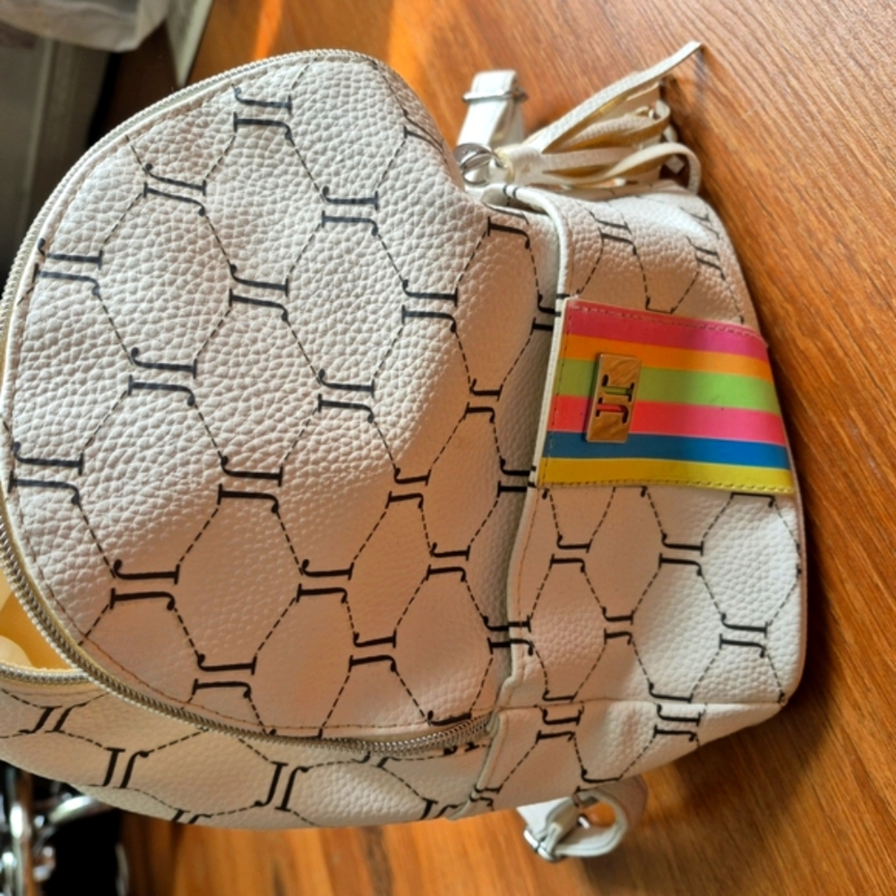 Stylish Justice White Backpack with Multicolor Accents